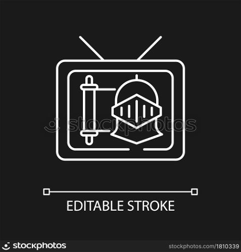 Historical show white linear icon for dark theme. Period drama TV series. Streaming service. Thin line customizable illustration. Isolated vector contour symbol for night mode. Editable stroke. Historical show white linear icon for dark theme
