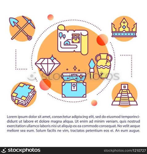 Historical treasures concept icon with text. Archeological expedition. Civilization history. Article page vector template. Brochure, magazine, booklet design element with linear illustrations