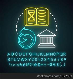 History books neon light concept icon. Ancient times idea. World historic literature. Historical fiction, memories. Glowing sign with alphabet, numbers and symbols. Vector isolated illustration