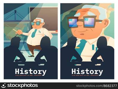 History cartoon posters, senior historian teacher with pointer at blackboard explain lesson to students sitting at desks. Human silhouettes front of image of man with USA flag reflection in glasses. History cartoon posters, teacher explain lesson