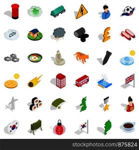 History country icons set. Isometric style of 36 history country vector icons for web isolated on white background. History country icons set, isometric style