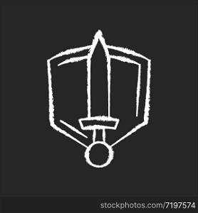 History epic chalk white icon on black background. Common movie genre, filmmaking category. Medieval action adventure, fantasy fiction. Sword and shield isolated vector chalkboard illustration