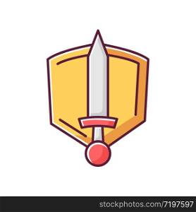History epic RGB color icon. Common movie genre, filmmaking category. Medieval action adventure, fantasy fiction. Sword and shield isolated vector illustration