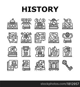 History Learn Educational Lesson Icons Set Vector. Environmental And Art, Political And Economic, Intellectual And Science History, Ancient Ruins And Gate Researching Black Contour Illustrations. History Learn Educational Lesson Icons Set Vector