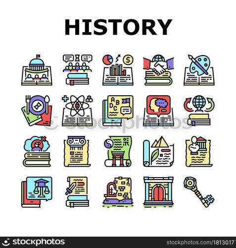 History Learn Educational Lesson Icons Set Vector. Environmental And Art, Political And Economic, Intellectual And Science History, Ancient Ruins And Gate Researching Line. Color Illustrations. History Learn Educational Lesson Icons Set Vector