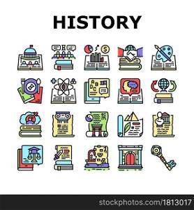 History Learn Educational Lesson Icons Set Vector. Environmental And Art, Political And Economic, Intellectual And Science History, Ancient Ruins And Gate Researching Line. Color Illustrations. History Learn Educational Lesson Icons Set Vector