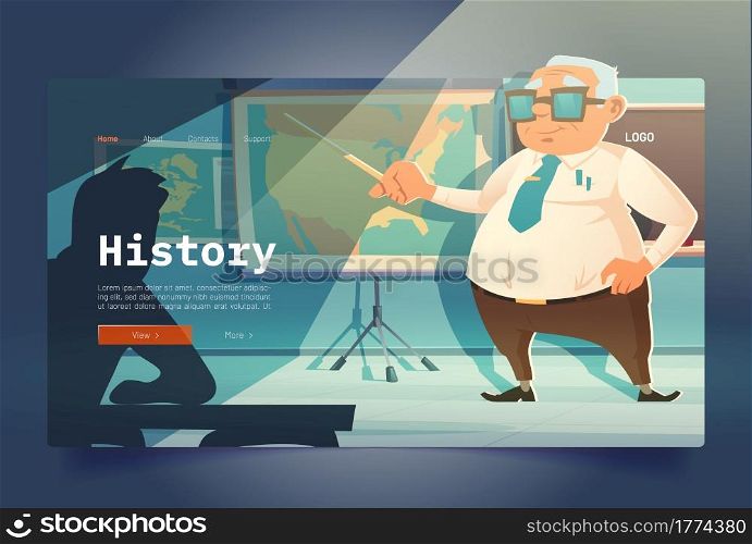 History learning banner with teacher and children in school classroom. Vector landing page of historical education with cartoon class interior with blackboard, map, teacher and student at desk. History learning banner with teacher in classroom