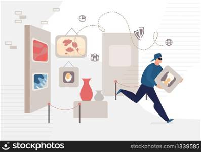 History Museum Man Thief Stealing Picture Crime Scene. Art Gallery Interior. Male Robber Character in Mask Running Away with Stolen Famous Historical Figure Portrait Artwork. Vector Illustration