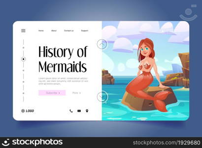 History of mermaids banner with beautiful girl with fish tail sitting on stone in water. Vector landing page with cartoon illustration of adorable fairy tale woman mermaid and sea landscape. Vector banner of history of mermaids