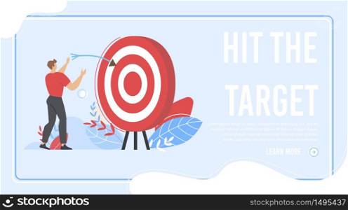 Hit Target and Marketing Strategy. Cartoon Businessman Aiming with Arrow in Flat Red Dartboard. Goal Achievement. Planning, Management, Strategy. Frame Design Landing Page. Vector Illustration. Hit Target and Marketing Strategy Landing Page