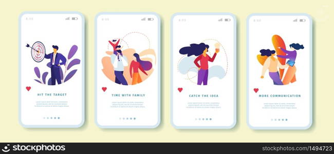 Hit the Target, Time with Family, Catch the Idea, More Communication Mobile App Page Onboard Screen Set for Website. Business, Relations, Technologies Cartoon Flat Vector Illustration, Vertical Banner. Target, Family, Catch Idea, Communication Set