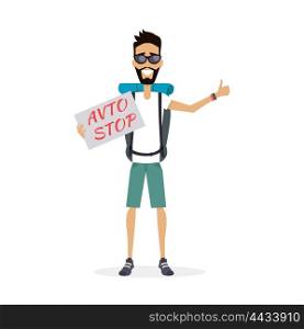 Hitch-Hiking Traveller Character Vector Illustration.. Smiling hitch-hiking traveller man personage vector illustration in flat design. Solo travelling with backpack concept. Low cost country trip on passing cars. Budget travel around the world. Auto stop