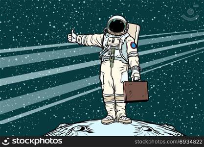 hitchhiker astronaut with travel suitcase. Pop art retro vector illustration. hitchhiker astronaut with travel suitcase