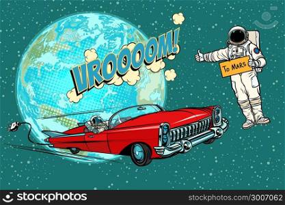 Hitchhiking astronaut waiting for the electric car in space. flight to Mars. Pop art retro comic book vector cartoon hand drawn illustration. Hitchhiking astronaut waiting for the electric car in space. fli