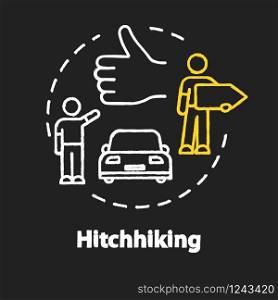 Hitchhiking chalk RGB color concept icon. Money saving road trip, cheap transportation idea. Tourist catching ride, carpooling. Vector isolated chalkboard illustration on black background