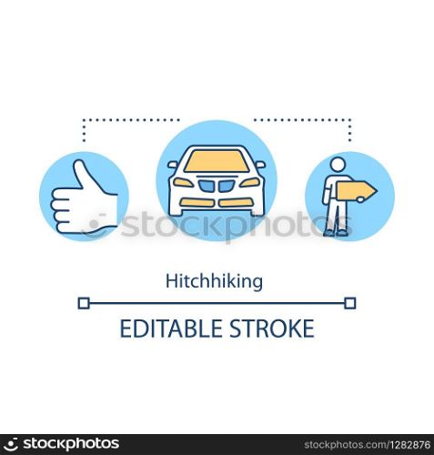 Hitchhiking concept icon. Budget tourism, money saving travel idea thin line illustration. Affordable road trip, adventure. Vector isolated outline RGB color drawing. Editable stroke