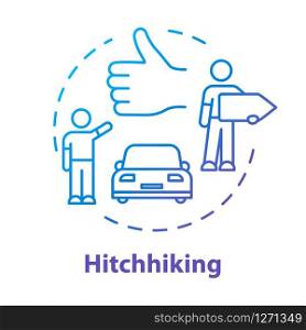 Hitchhiking concept icon. Money saving road trip, cheap transportation idea thin line illustration. Road trip, adventure. Tourist catching ride vector isolated outline RGB color drawing