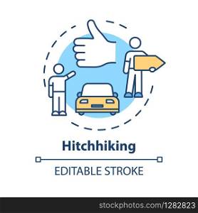 Hitchhiking concept icon. Money saving road trip, cheap transportation idea thin line illustration. Tourist catching ride vector isolated outline RGB color drawing. Editable stroke