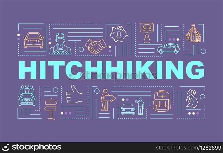 Hitchhiking word concepts banner. Budget travel. Auto stop. Money saving. Infographics with linear icons on eggplant background. Isolated typography. Vector outline RGB color illustration