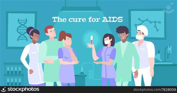 Hiv aids medication flat composition with clinic laboratory indoor scenery and characters of doctors with text vector illustration