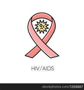 HIV, AIDS RGB color icon. Human immunodeficiency virus, acquired immune deficiency syndrome. Dangerous infectious disease. Awareness ribbon and viral cell isolated vector illustration