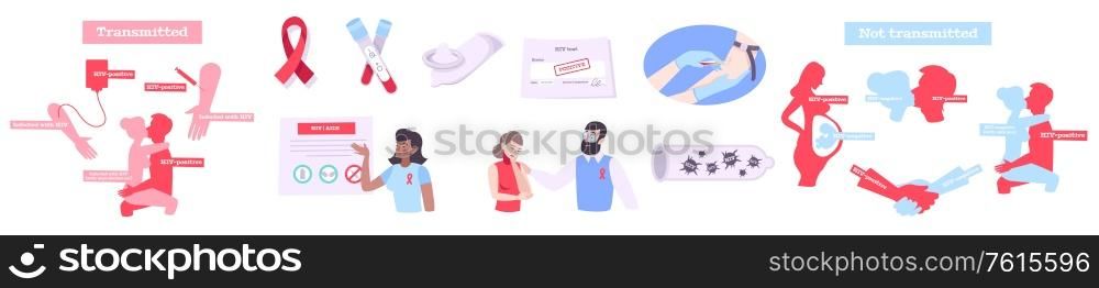 Hiv aids set of flat isolated icons with ribbons medical products test tubes and human silhouettes vector illustration