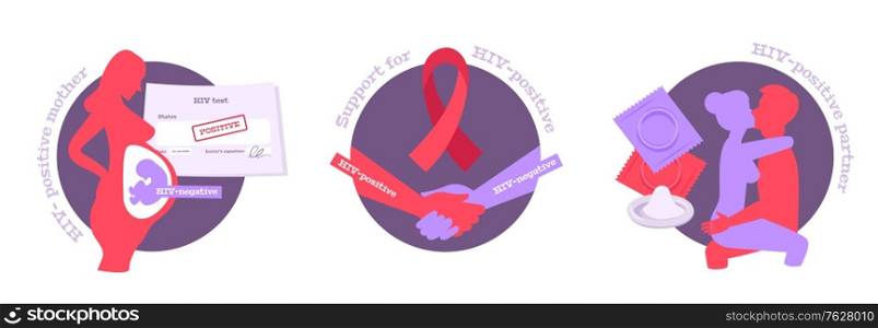 Hiv aids set with three round compositions of flat images human silhouettes text and protection methods vector illustration