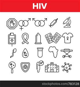 HIV And AIDS Awareness Vector Linear Icons Set. HIV Symptoms Diagnostics Outline Symbols Pack. Human Immunodeficiency Virus Research, Treatment And Transmission Isolated Contour Illustrations. HIV And AIDS Awareness Vector Linear Icons Set