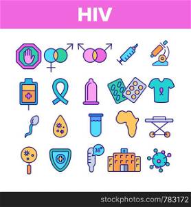 HIV And AIDS Awareness Vector Linear Icons Set. HIV Symptoms Diagnostics Outline Symbols Pack. Human Immunodeficiency Virus Research, Treatment And Transmission Isolated Contour Illustrations. HIV And AIDS Awareness Vector Linear Icons Set