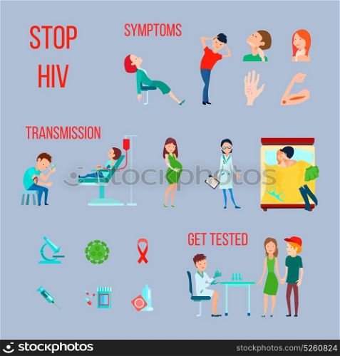 HIV Infection AIDS Icon Set. Colored flat HIV infection AIDS icon set with symptoms transmission and get tested descriptions vector illustration