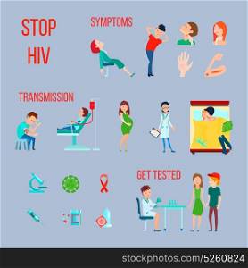 HIV Infection AIDS Icon Set. Colored flat HIV infection AIDS icon set with symptoms transmission and get tested descriptions vector illustration