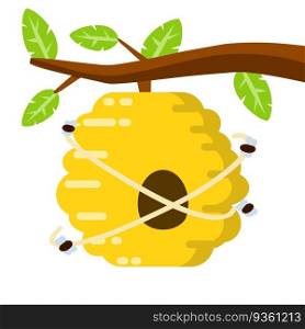 Hive. Yellow beehive. House of wasp and insect on tree. Element of nature and forests. Honey production. Branch with leaves. Flat cartoon illustration. Hive. Yellow beehive. House of wasp