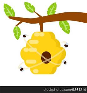 Hive. Yellow beehive. House of wasp and insect on tree. Element of nature and forests. Honey production. Branch with leaves. Flat cartoon illustration. Hive. Yellow beehive. House of wasp