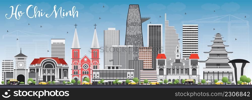 Ho Chi Minh Skyline with Gray Buildings and Blue Sky. Vector Illustration. Business Travel and Tourism Concept with Modern Buildings. Image for Presentation Banner Placard and Web Site.