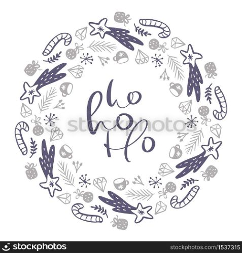 Ho ho ho vector scandinavian calligraphic vintage text. Winter Wreath with Christmas items. Greeting card template with vintage style elements Doodle Illustration.. Ho ho ho vector scandinavian calligraphic vintage text. Winter Wreath with Christmas items. Greeting card template with vintage style elements Doodle Illustration