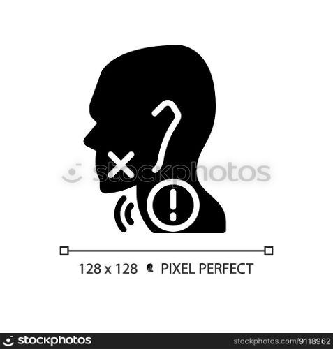 Hoarseness black glyph icon. Voice changing problem. Throat disease treatment. Medical service and examination. Silhouette symbol on white space. Solid pictogram. Vector isolated illustration. Hoarseness black glyph icon