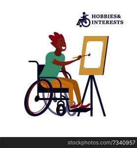 Hobbies and interests of people with disabilities. Vector illustration. A young man in a wheelchair draws on the easel.. Hobbies and interests of people with disabilities. Vector illustration.