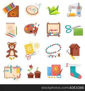 Hobbies flat icons set with sewing origami making and beading isolated vector illustration. Hobbies icons set