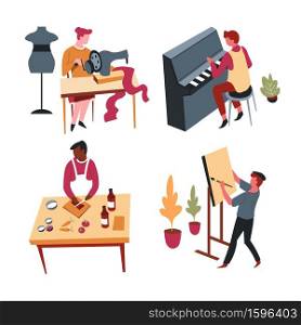 Hobbies, home leisure activity, art and culinary, isolated characters vector. Painting on easel and playing piano, cooking and sewing. Seamstress and musician, cook and artist, creative pastime. Art and culinary, hobbies or home leisure activity, isolated characters