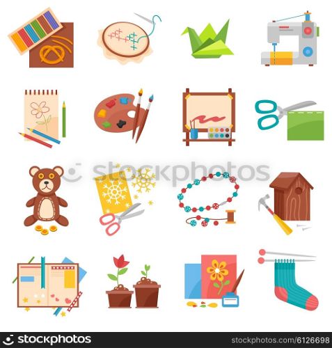 Hobbies icons set. Hobbies flat icons set with sewing origami making and beading isolated vector illustration