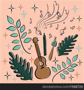 Hobbies - ukulele guitar, pencil, brush, music, notes, plants, stars. Vector doodle illustration.. Hobbies - ukulele guitar, pencil, brush, music, notes, plants, stars.