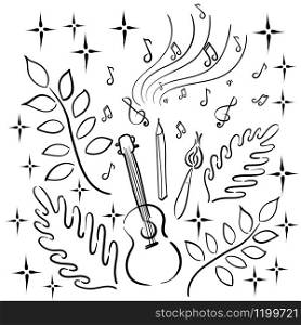 Hobbies - ukulele guitar, pencil, brush, music, notes, plants, stars. Vector doodle illustration. Linear black and white graphics.. Hobbies - ukulele guitar, pencil, brush, music, notes, plants, stars.