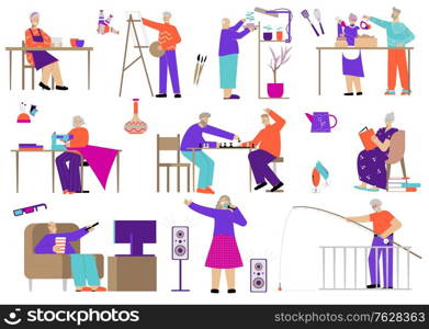 Hobby adult set of flat compositions with cartoon style human characters and leisure activities involving them vector illustration