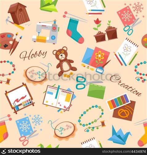 Hobby And Handicraft Pattern. Hobby and creation flat pattern with handicraft elements and supplies for handmade background vector illustration
