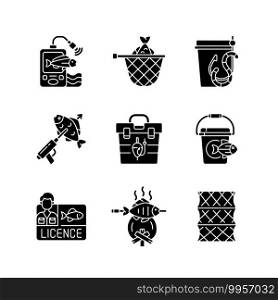 Hobby and leisure activities black glyph icons set on white space. Fishing. cooking freshly caught fish. Spearfishing. Fishing rod and reel. Silhouette symbols. Vector isolated illustration. Hobby and leisure activities black glyph icons set on white space
