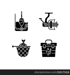 Hobby and leisure activities black glyph icons set on white space. Special fishery equipment. Tackle box. Fishing reel for spinning. Silhouette symbols. Vector isolated illustration. Hobby and leisure activities black glyph icons set on white space