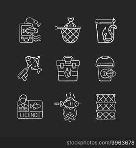 Hobby and leisure activities chalk white icons set on black background. Fishing. cooking freshly caught fish. Spearfishing. Fishing rod and reel. Isolated vector chalkboard illustrations. Hobby and leisure activities chalk white icons set on black background