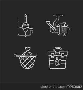 Hobby and leisure activities chalk white icons set on black background. Special fishery equipment. Tackle box. Fishing reel for spinning. Isolated vector chalkboard illustrations. Hobby and leisure activities chalk white icons set on black background
