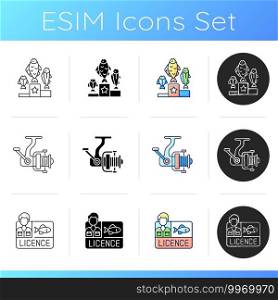 Hobby and leisure activities icons set. Special fishery equipment. Tackle box. Hobby, leisure activities. Fishing reel for spinning. Linear, black and RGB color styles. Isolated vector illustrations. Hobby and leisure activities icons set