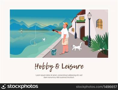 Hobby and leisure banner flat vector template. Brochure, poster concept design with cartoon characters. Man fishing. Holiday at seafront village horizontal flyer, leaflet with place for text. Hobby and leisure banner flat vector template